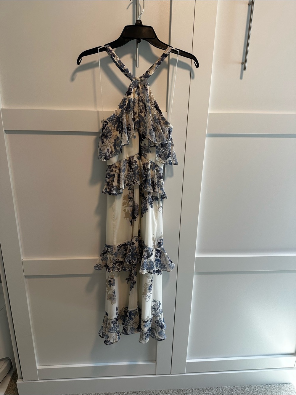 Floral Ruffle Halter Maxi Dress in Cream and Blue
